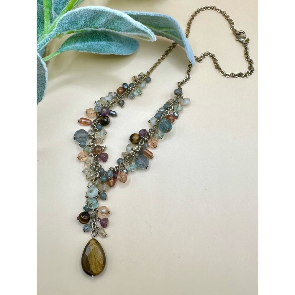Vintage Avon Chain Dangle Beads Tiger’s Eye Seed Pearl Glass Gold Tone necklace